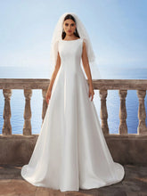 Sleeveless Elegant Minimal Glossy Satin Backless Long Dress With Small Train, White Wedding Dress